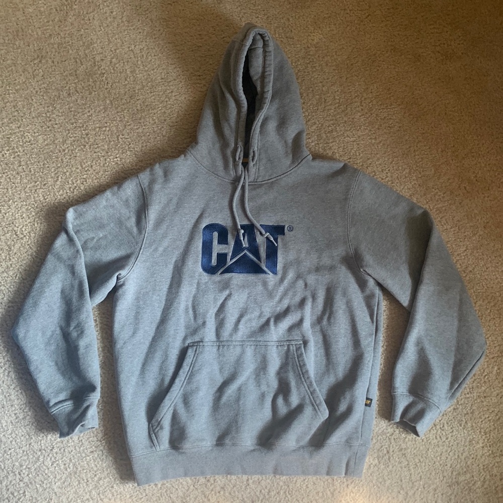 Grey CAT fleece hoodie with navy blue stitched lettering and sewn in tags